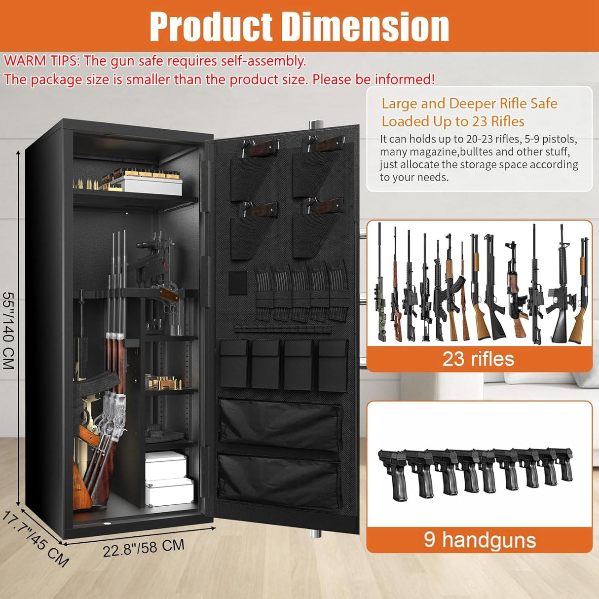30 Gun Safe, Large Rifle Safe for Rifle and Shotgun/Rifle Pistol Rack/Storage Pocket/Removable Shelf/Silent Mode/External Battery/LED/Key,180° Open Door Panel Organizer Long GunSafe(Large Version) TTSITG