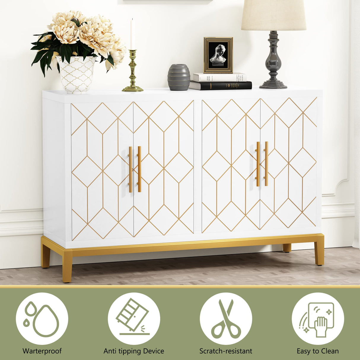 HLR Accent Cabinet with 4 Doors and Shelves, Sideboard Buffet Cabinet with Gold Lines, Modern Credenza Storage Decorative Cabinet for Living Room, Entryway, Kitchen, Dining Room, White HLR