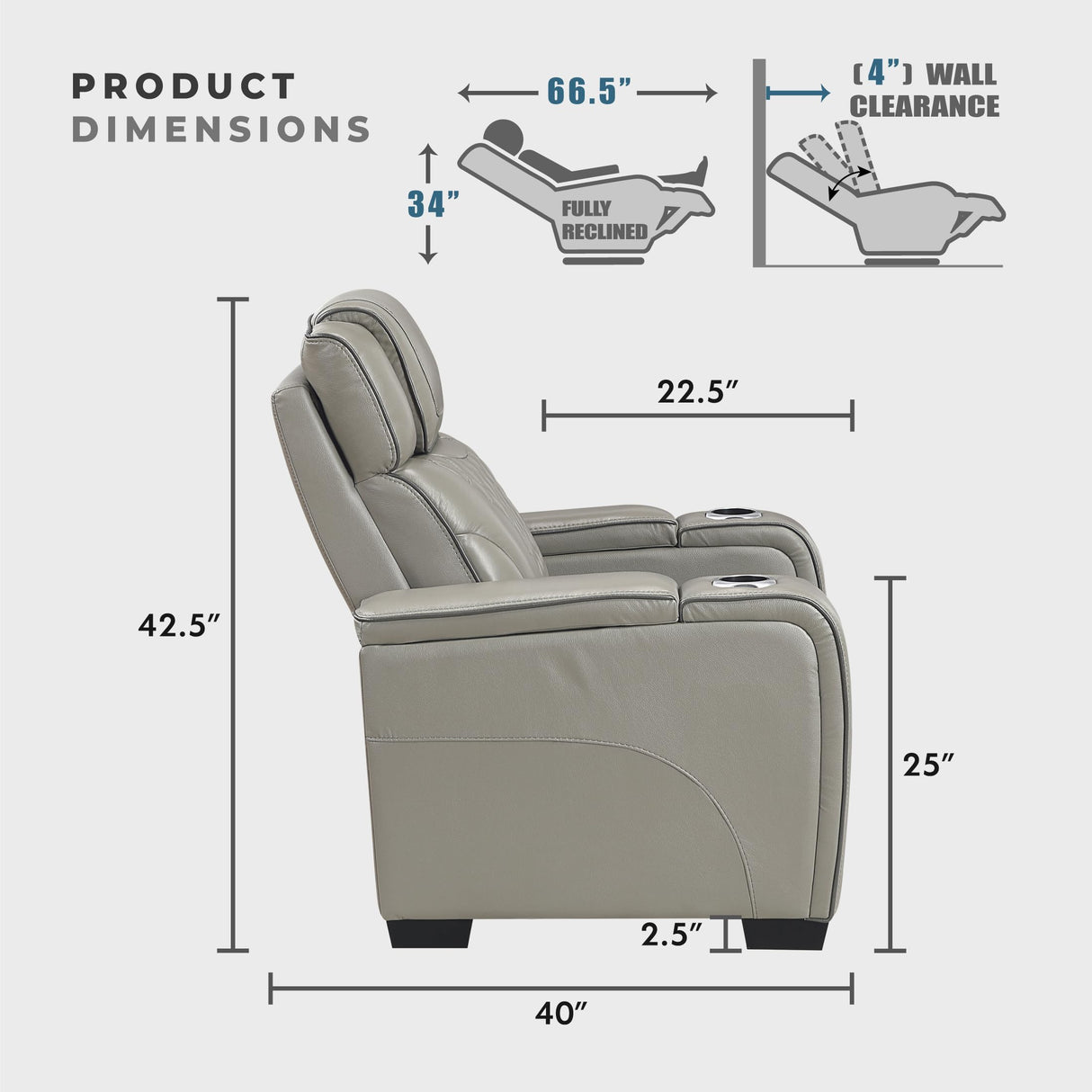 Lexicon Power Double Reclining Sofa, Center Drop-Down Table with Heat/Massage/Headrest/Storage Arms/Cup Holders/LED Lights/Wireless Charging, Top Grain Leather Match Wall Hugger Recliner Sofa, Grey Lexicon