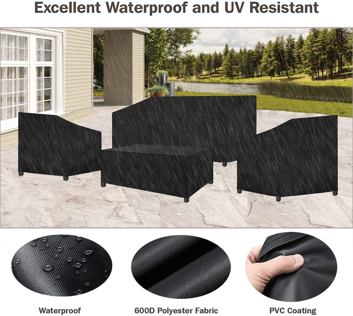 SIRUITON Patio Furniture Covers, Outdoor Furniture Cover Waterproof 4-Piece, Patio Furniture Set Covers, Heavy Duty Durable and Water Resistant Fabric, Fit for Chairs, Couch, Coffee Table, Black SIRUITON