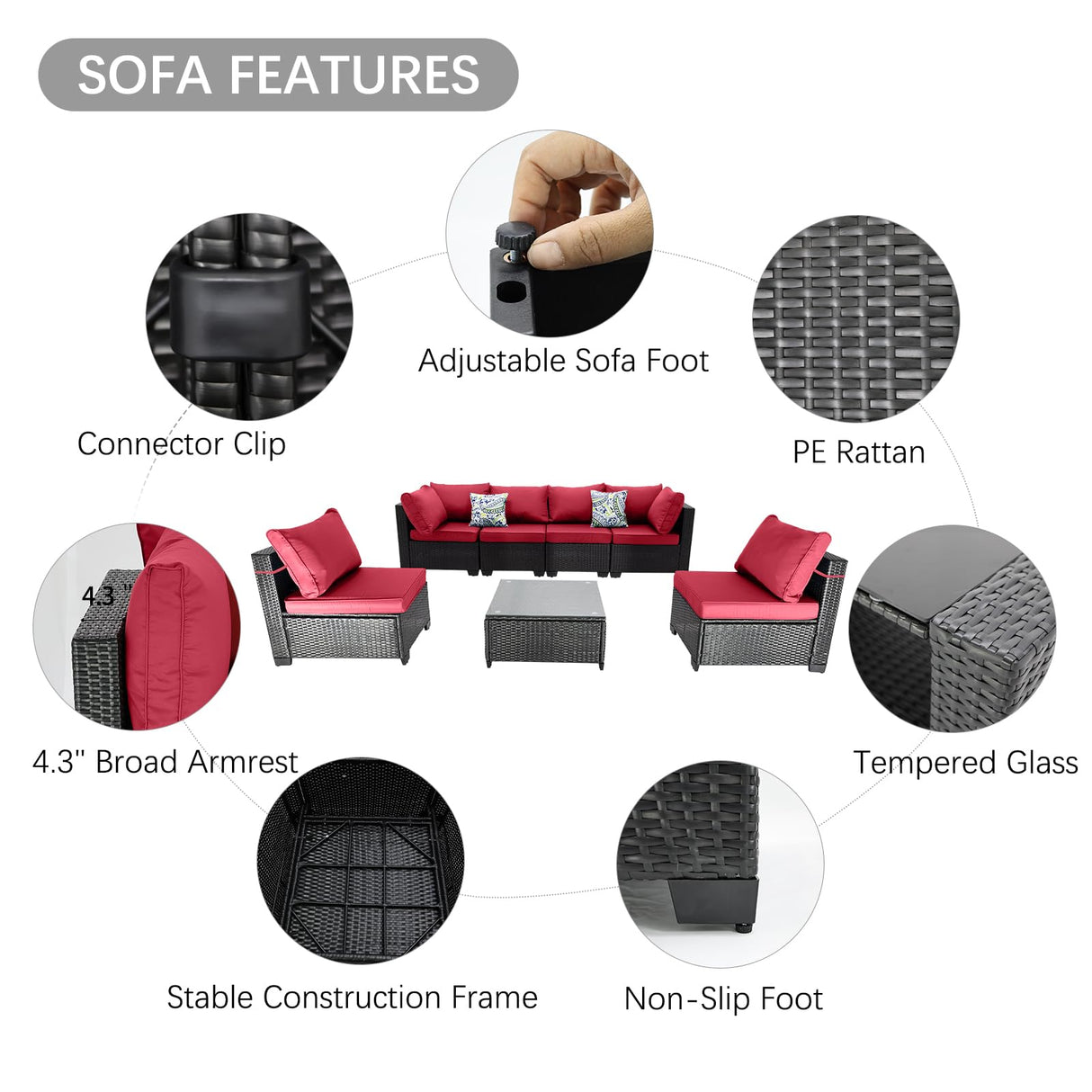 OUGMMGOU 7 Piece Patio Furniture Set, All-Weather Wicker Outdoor Conversation Set with Sectional Sofa, Rattan PE Wicker Seating, Glass Coffee Table, and Cushions (Coffee-Red, Z7) OUGMMGOU