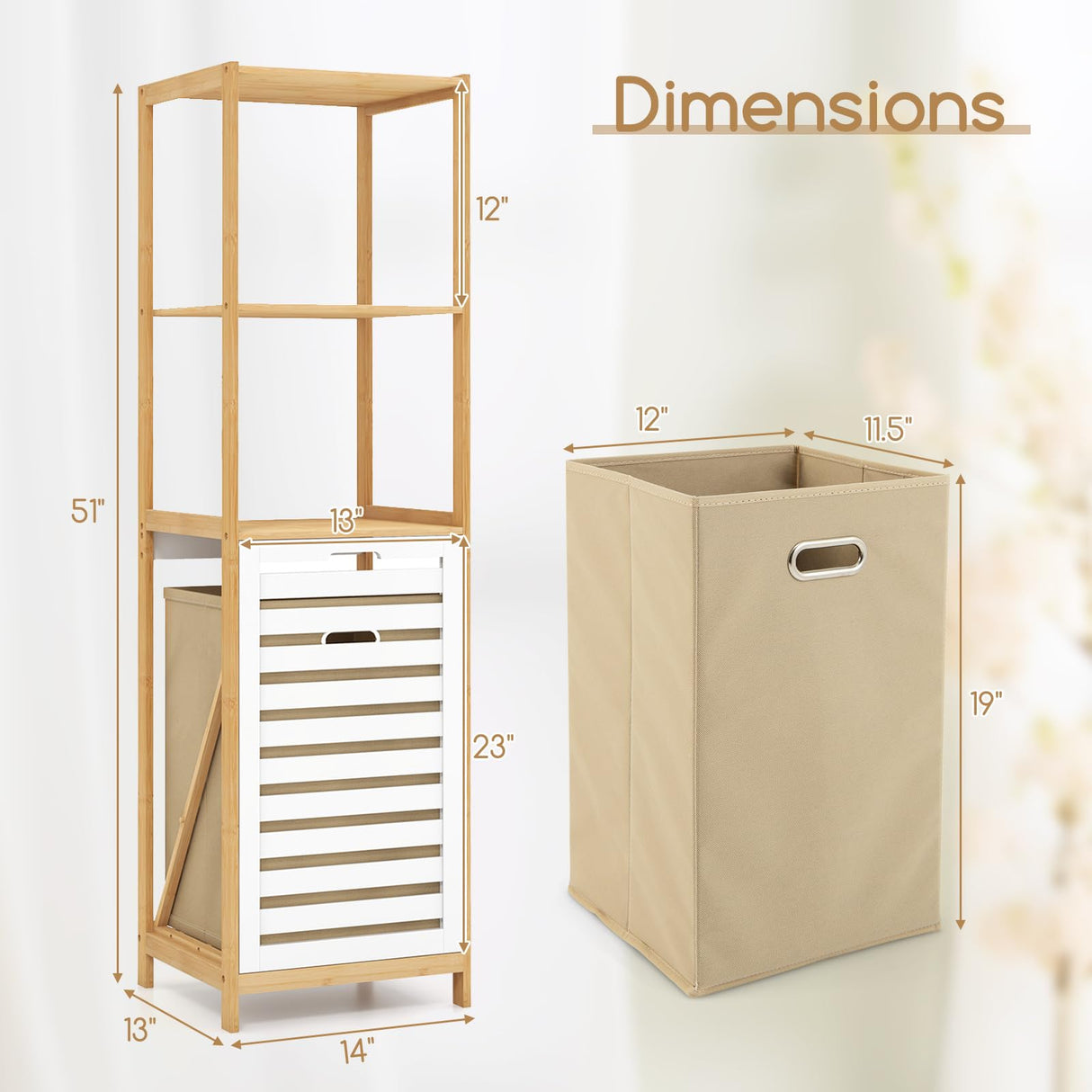 Giantex Tilt Out Laundry Hamper - Laundry Hamper Cabinet with 3 Tier Storage Shelves, Removable Laundry Basket, 51" Tall Freestanding Bamboo Tower Hamper Organizer for Bathroom Small Space Giantex