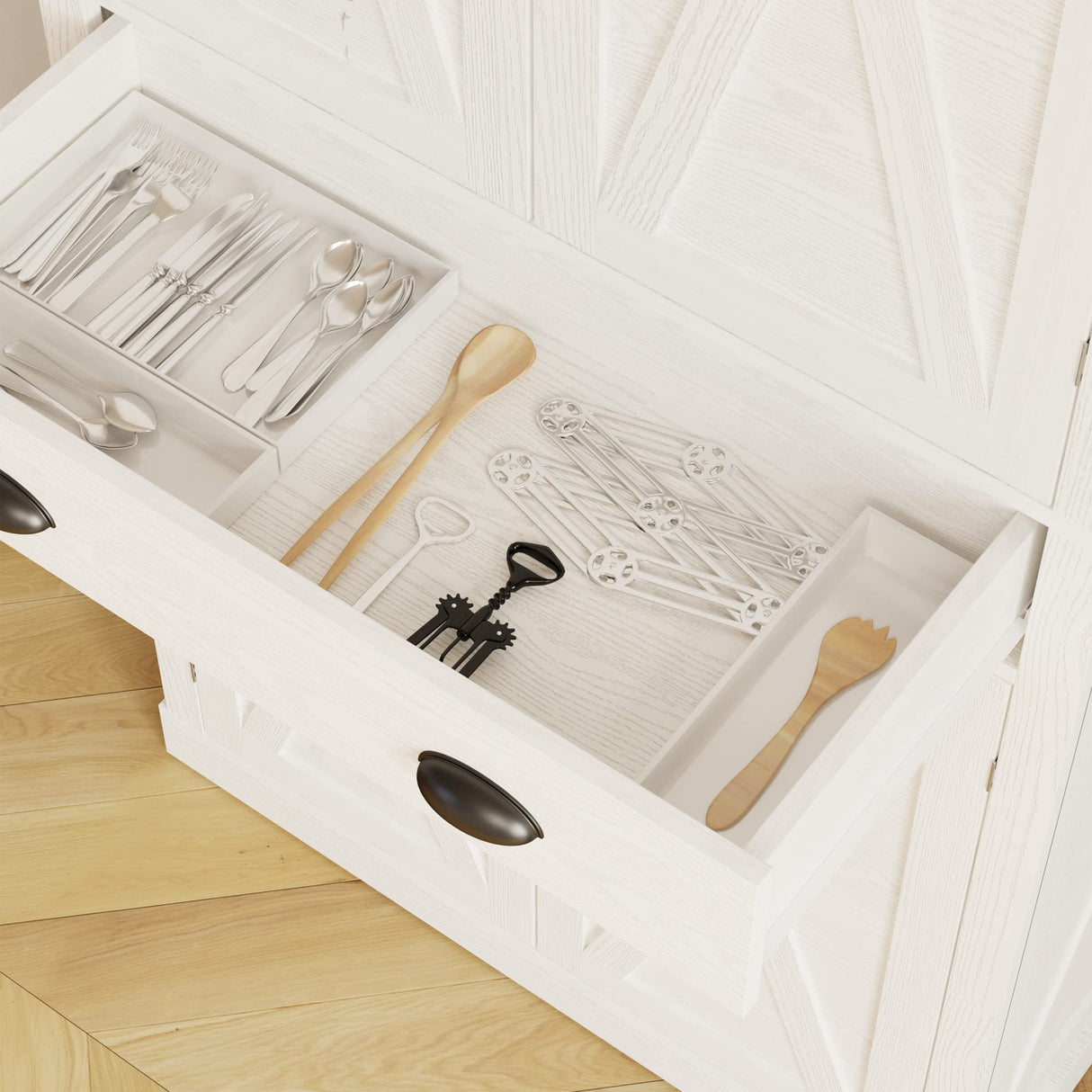 IRONCK Kitchen Pantry Storage Cabinet 72.6" H x 24" W, with Barn Doors, Drawer, 4 Adjustable Shelves, Freestanding Cupboard for Dining Room Living Room, Laundry, White IRONCK