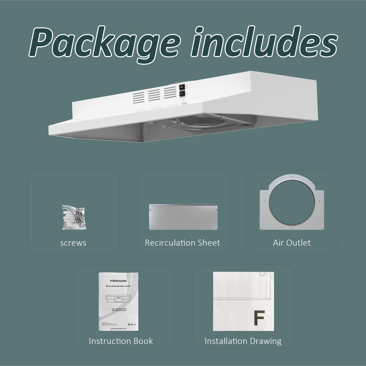 FIREGAS Range Hood 30 inch Under Cabinet Range Hood with 2 Speed Exhaust Fan,Ducted/Ductless Convertible,Rocker Button Control,300 CFM, White Vent Hood Aluminum Filter Included FIREGAS