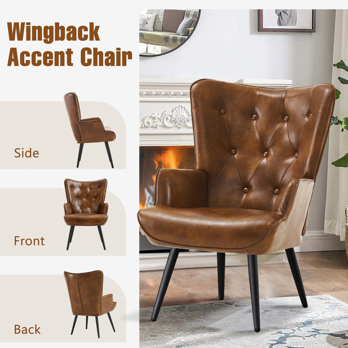 Furniliving PU Leather Accent Chair for Living Room, Upholstered Reading Chair with High Backrest, Tufted-Button Wingback Armchair for Bedroom, Dressing Room, Home Office, Brown Furniliving