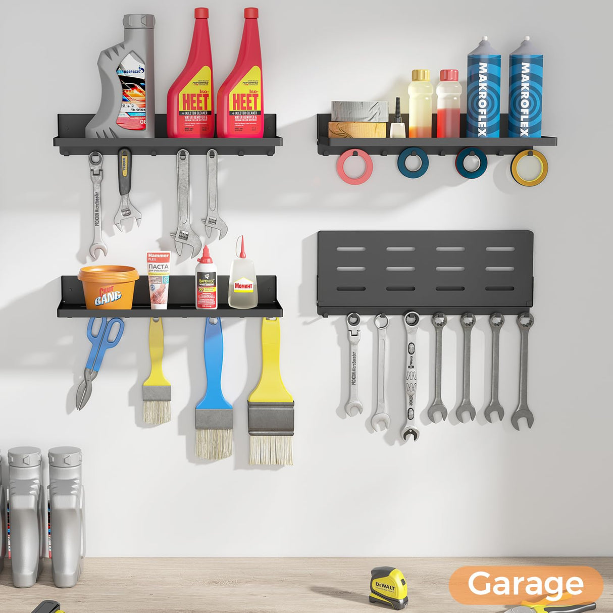 SKIKEN Folding Metal Shelf with Hooks, Wall Mounted Laundry Room Shelf, 8 Hooks & 90° Fold Up, Fold-Down for Rv, Bathroom, Kitchen, Garage, Space Saving, Small Space, Black(17.0", 1 Pack) SKIKEN