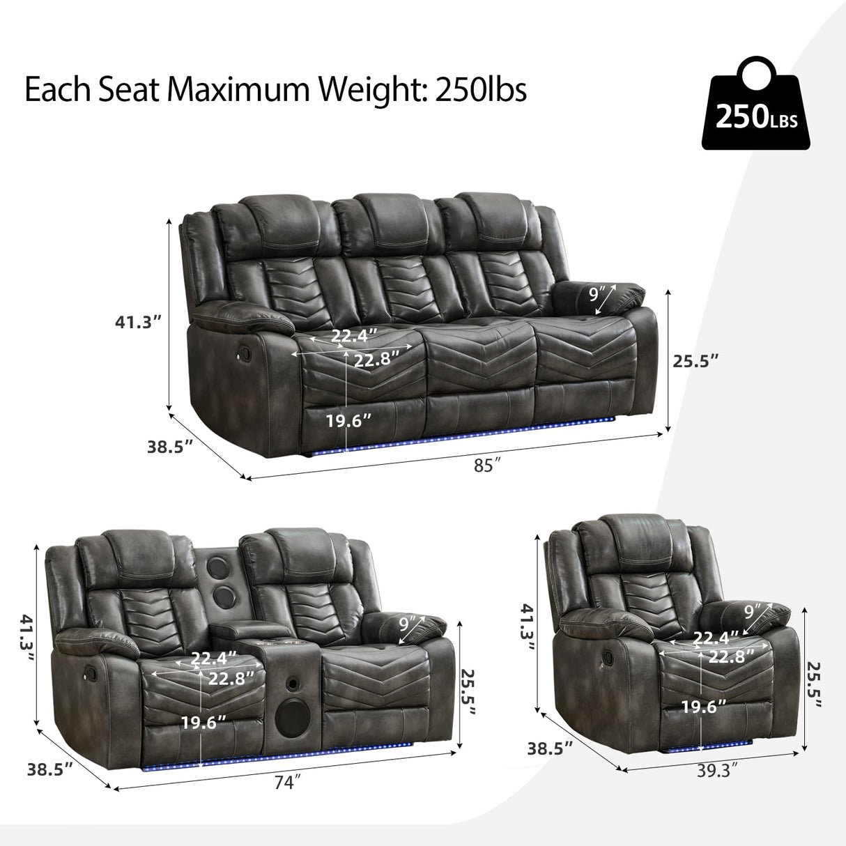 Manual Recliner Sofa Set 3 Piece with Wireless Charger for Living Room,Leather 3 Seater Reclining Couch with Bass Speakers and Loveseat Theater Seating,Home Electric Recliner Chair with LED Light,Grey Comfort Stretch