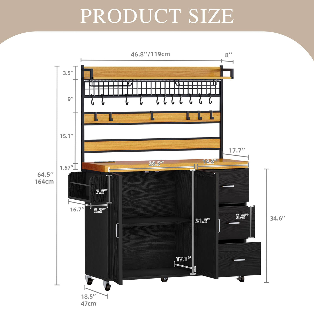 DWVO 53 inch Bakers Rack with Power Outlet and Storage, Farmhouse Coffee Bar Cabinet on Wheels, Microwave Stand Kitchen Cabinet with Hutch, LED Lights, Wine Glass Holder and 14 Hooks, Black DWVO