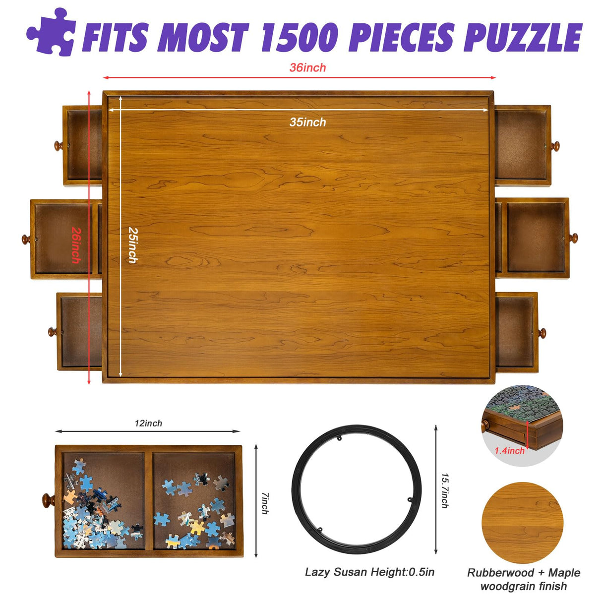 Sunix 1500 Piece Rotating Puzzle Board with 6 Drawers and Cover, 36"x26" Portable Wooden Jigsaw Puzzle Table for Adults & Kids, Premium Smooth Work Surface, Spinning Puzzle Board Birthday Gift for mom Sunix