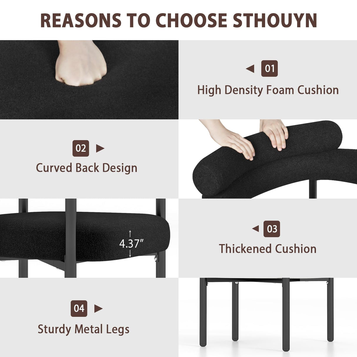 STHOUYN 47” Round Dining Table Set for 4, Small Round Kitchen Table with 4 Boucle Dinner Chairs, Modern Circle 5 Piece Dining Table with Steel Legs (Black) STHOUYN