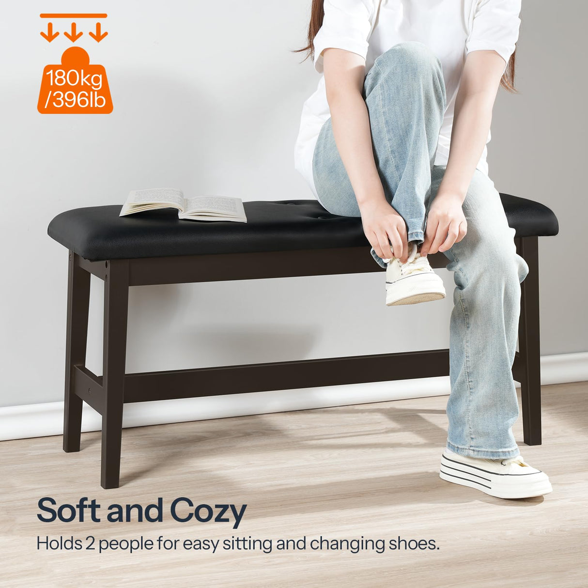 HOOBRO Dining Bench, Bamboo Dining Room Bench with PU Leather Upholstered Seat, for Kitchen, Living Room, Hallway, Kitchen, Entryway, Brown and Black CB13CD01 HOOBRO