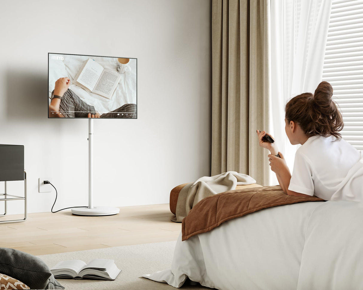 FITUEYES Design Small Rolling TV Cart for 24-48 Inches TV, Minimalist Modern TV Floor Stand on Wheels Fits Max VESA 200x200mm, V2 Portable Smart TV Cart, White, Master Series FITUEYES