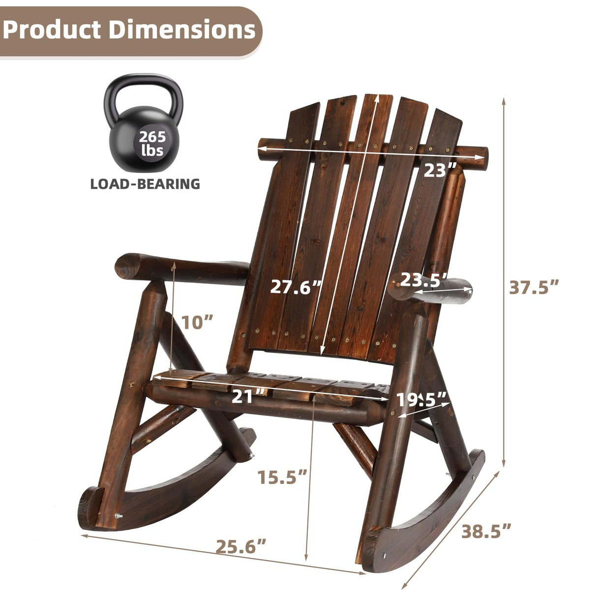 EPICOZY Outdoor Wooden Rocking Chair, Patio Rustic Adirondack Porch Rocker, All Weather Solid Wood Log Rocker Chair with High Back & Slatted Seat for Indoor, Backyard, Garden, Carbonized EPICOZY