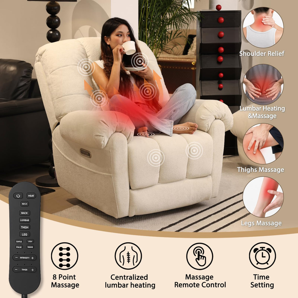 EONIX Mordern Massage Rocker Recliner Chair, Dual Motor Power Rocking Recliners for Small Spaces, Lazy Boy Recliner Chair with Heat and Massage for Living Room, Bedroom, Study, Pearl White EONIX