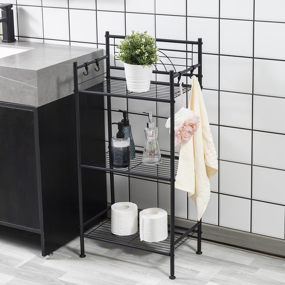 L&H UNICO 3-Tier Free Standing Wire Rack Durable Metal Shelving Storage Unit with Adjustable Feet 4-Hook for Bathroom Laundry Kitchen Office, Black L&H UNICO