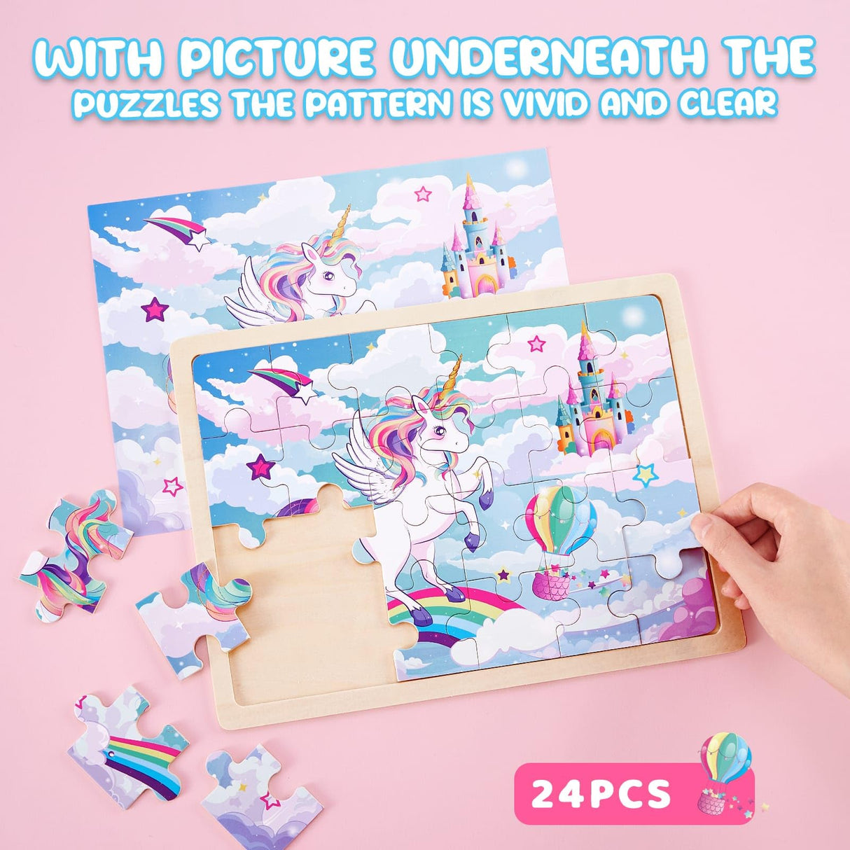 WERNNSAI Unicorn Wooden Jigsaw Puzzles - 4 Pack of 24 Piece Unicorn Princess Wooden Puzzles Preschool Educational Brain Teaser Boards Toddlers Toys Gifts for 3 4 5 6 Year Old Kids Birthday Toys Gifts WERNNSAI