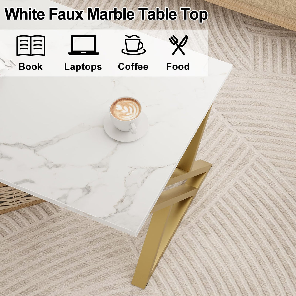 Wolawu Coffee Table Living Room Table White Center Table, Simple Modern Faux Marble Rectangular Tea Tables with Sturdy Gold Metal Frame,Industrial Wooden Coffee Table for Bedroom Home Office Wolawu