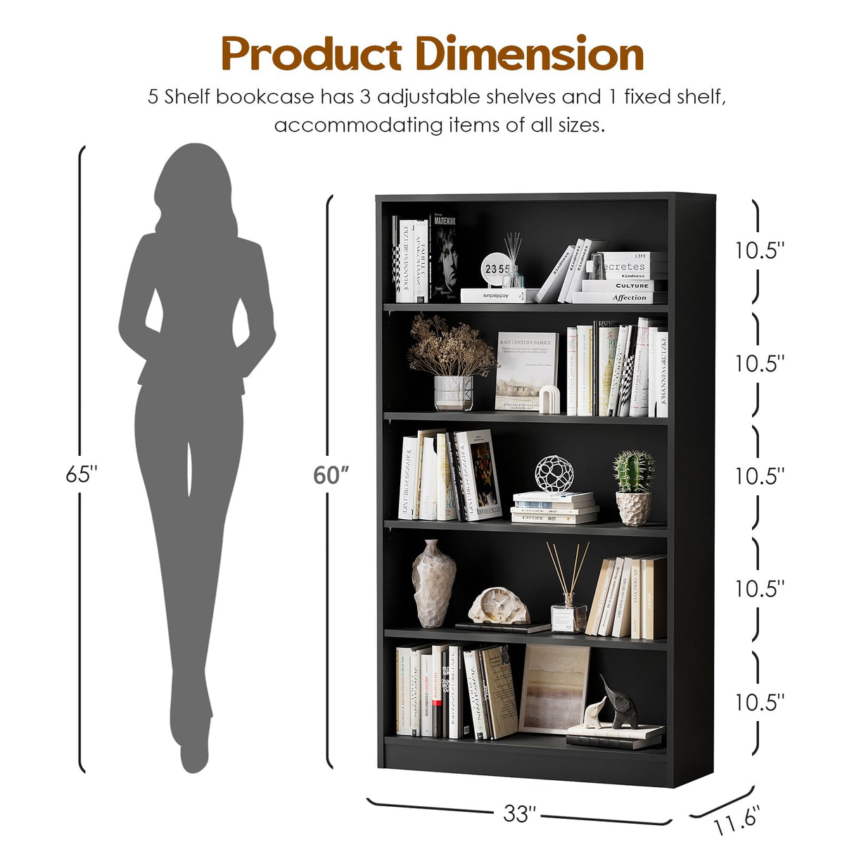 Soohow 5 Shelf Bookcase,60 Inch Wood Tall Bookshelves for Living Room,Black Soohow