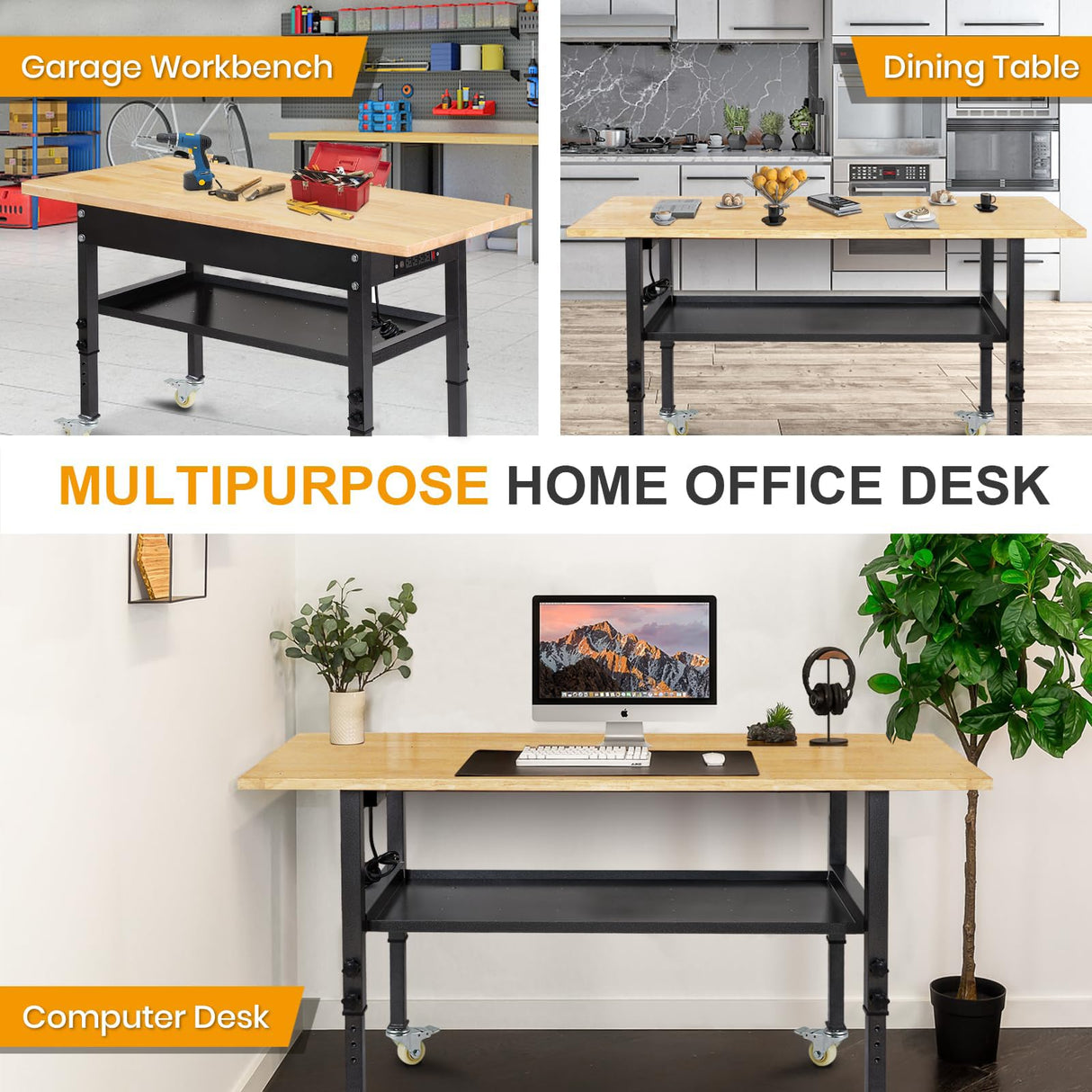 48"/60'' Adjustable Workbench, Rubber Wood Top Work Bench Heavy-Duty Work Table with Power Outlet, Wheels, Partition 2000 LBS Load Capacity Hardwood Work Benches for Garage, Workshop, Home, Office Polar Aurora