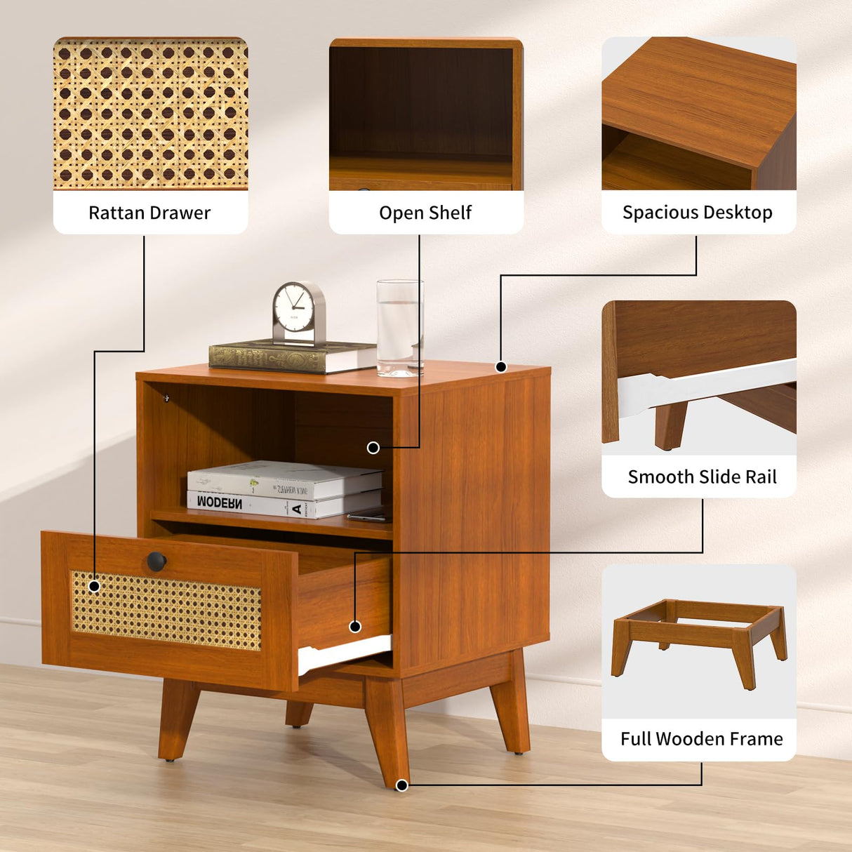 Ryvorbe Modern Rattan Nightstand Wood Side Table with Natural Rattan Drawer- Boho Nightstand with Solid Wood Legs for Bedroom, Living Room and Small Spaces Ryvorbe