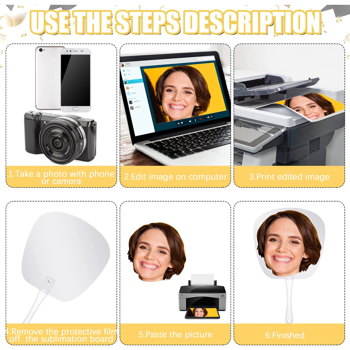 10 Pcs Big Head Cutout Custom Wedding Fan Props Face Cutout Face on a Stick Photo Party Decoration for Wedding, Graduation, Birthday Party Thermal Sublimation Sratte