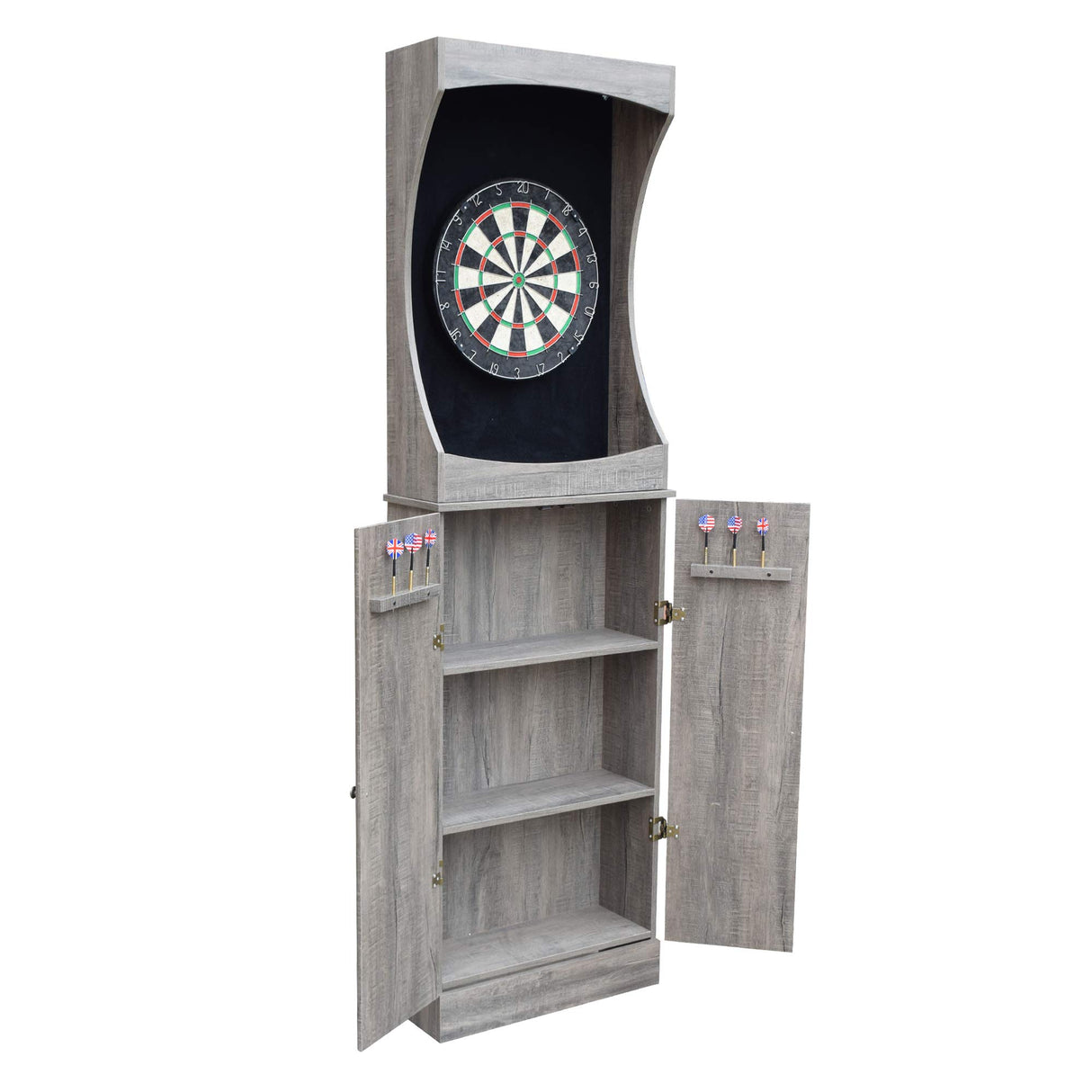 Hathaway Westwood Free-Standing Set-Includes 18, Steel-Tip Darts-Perfect for Family Game Rooms, Basements, Home Bars Dartboard Cabinet, Driftwood Hathaway