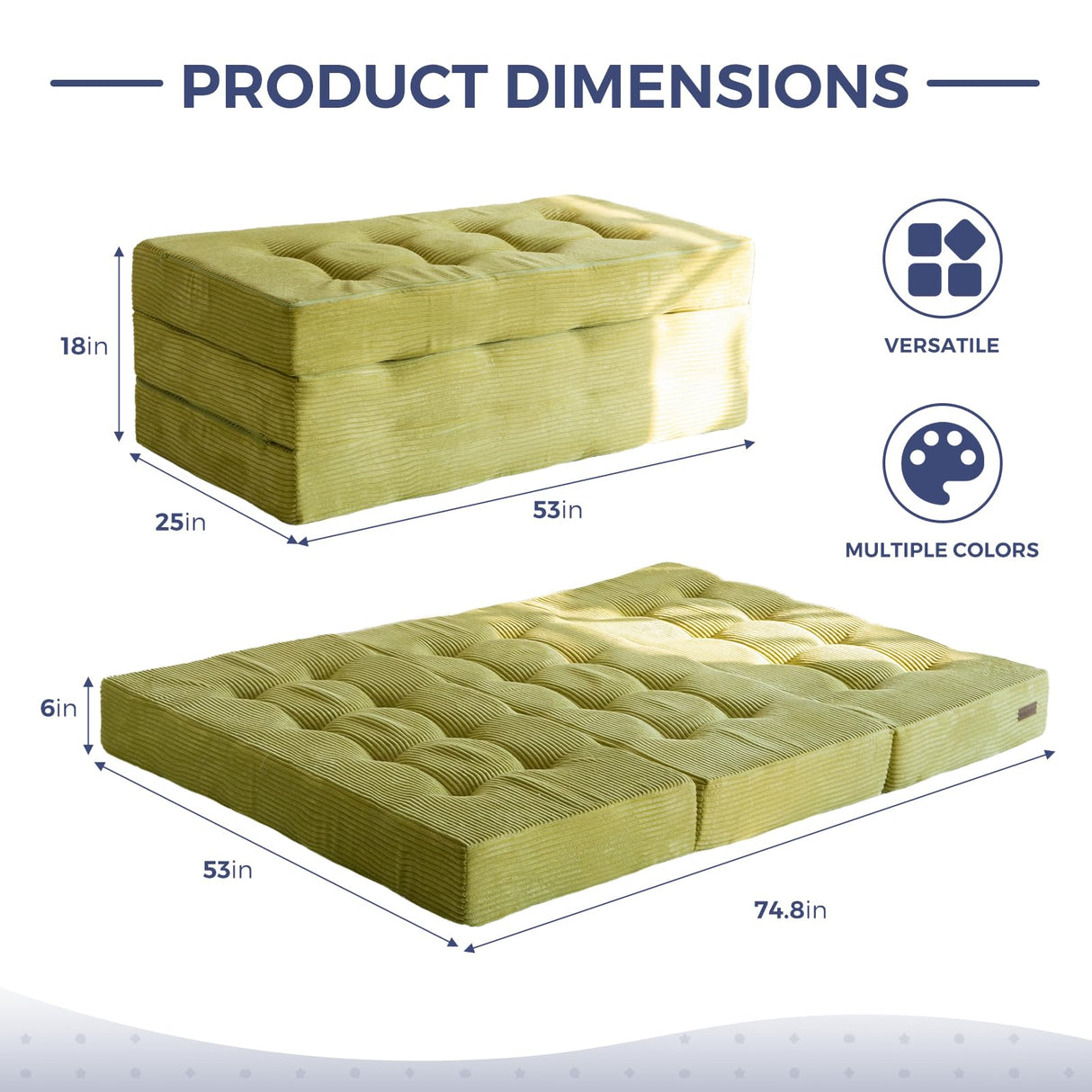 MAXYOYO Tri-Fold Mattress, 6 Inch Tufted Folding Mattress Full Foam Bed, Foldable Floor Couch Guest Bed Topper Portable Camping Sleeper with Corded Fabric, Green, 53"x75" MAXYOYO