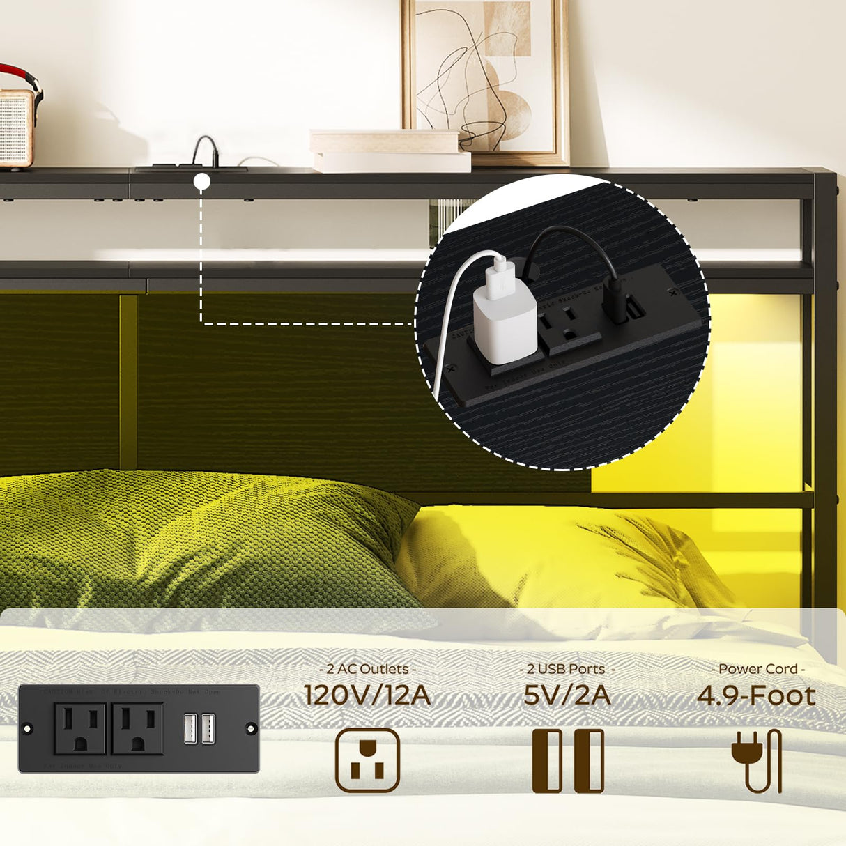 YATINEY King Size Headboard, Headboard with Light and Outlets, Headboard with 2 Storage Shelves, Storage Rack, Adjustable Height, Sturdy and Stable, Easy Assembly, Black YATINEY