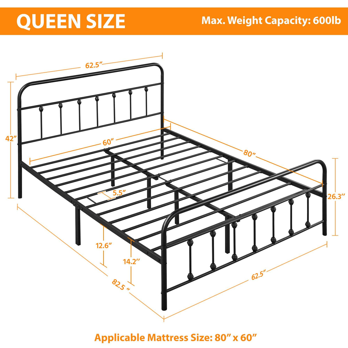 Topeakmart Victorian Style Queen Size Metal Bed Frame with Headboard and Under Bed Storage Topeakmart