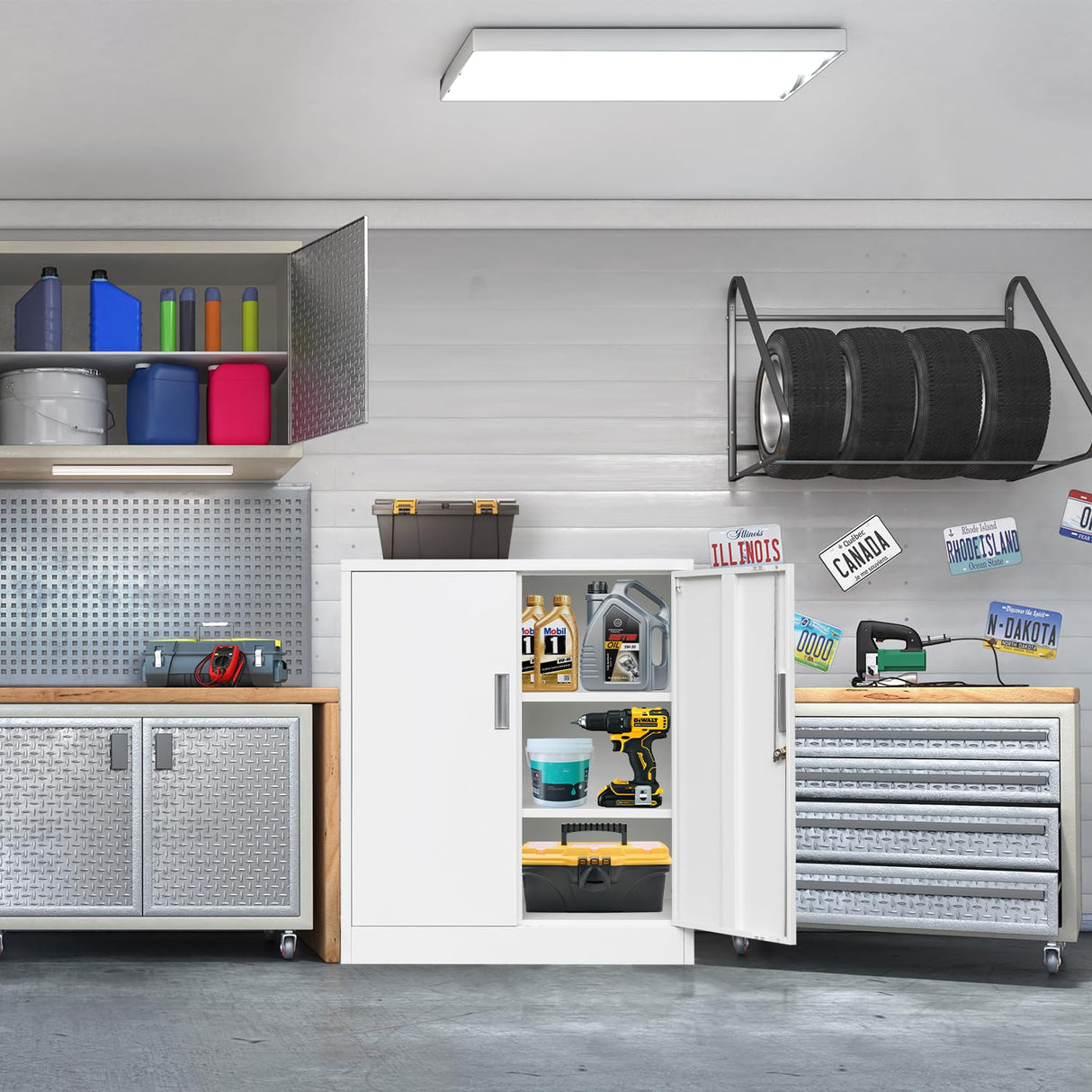 YEEZER Metal Storage Cabinet, 36" Lockable Garage Cabinet with Doors and Shelves, Steel Storage Cabinets with Adjustable Shelf for Home Office and Garage (White) YEEZER