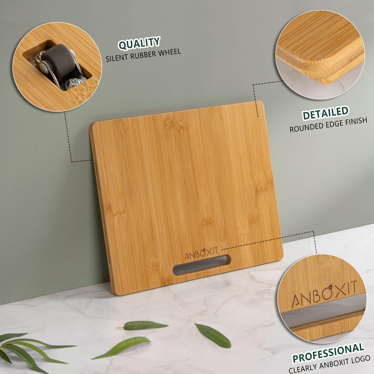 ANBOXIT Bamboo Appliance Slider, Sliding Tray for Coffee Maker, Kitchen Countertop Appliance Rolling Tray, Coffee Pot Slider Tray with Rubber Wheels, Wide - Small (10"D x 12"W) ANBOXIT