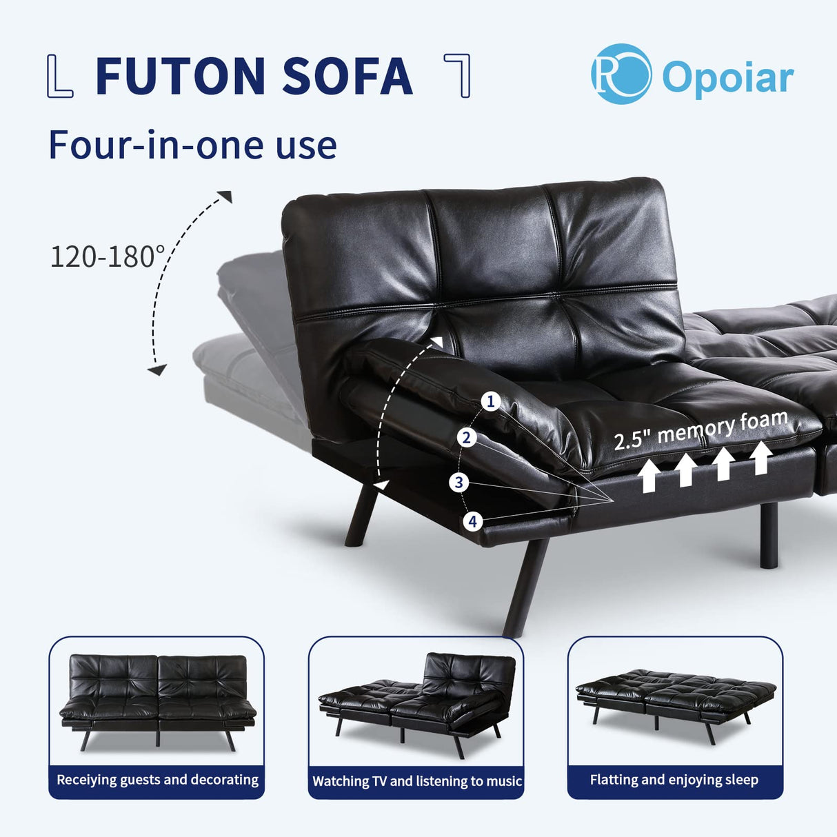 Opoiar SF-BK726 Sofabed, 71 x 33 x 31.5 inches, Black Leather Erdoru