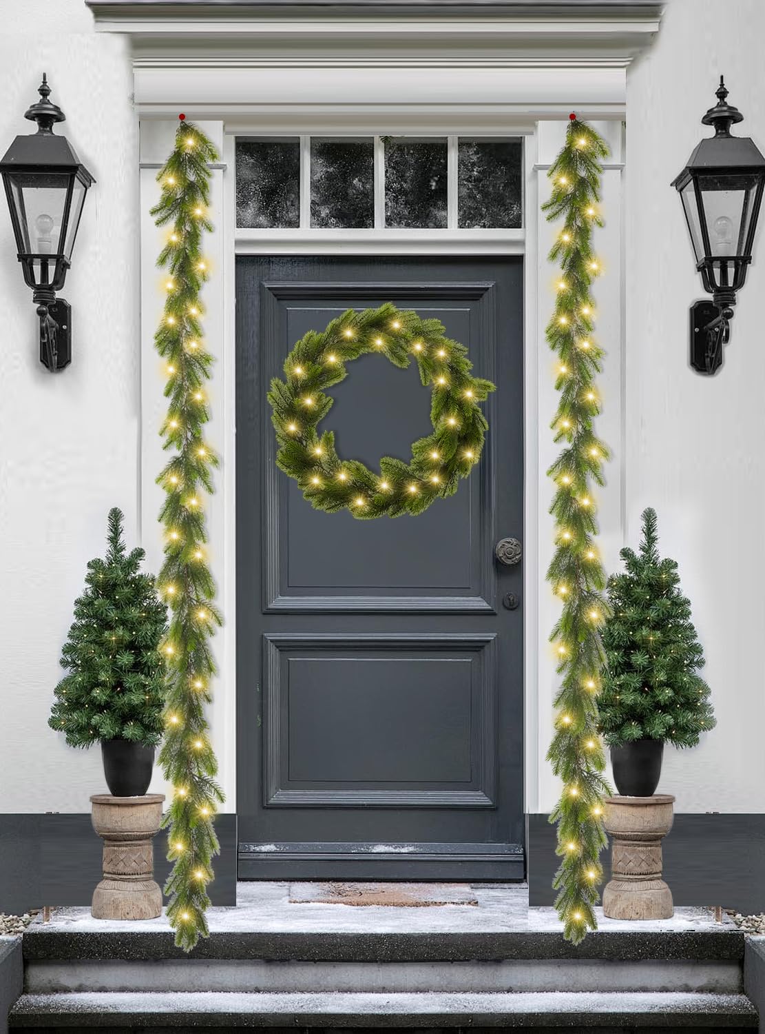 9FT Real Touch Norfolk Pine Garland Christmas with Light Winter Artificial Faux Greenery Garland Table Mantle Stairs Fireplace Wall Decor Outdoor Indoor Porch Home Decorations (Battery Not Included) Noiclub