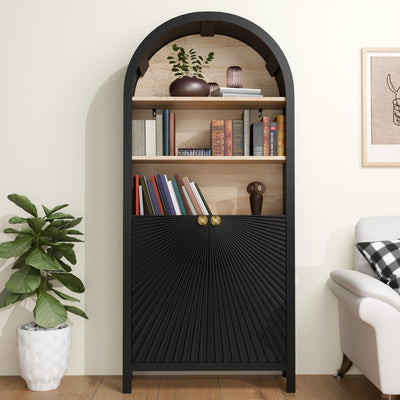 HIUU Tall Arched Bookcase,Rounded 5 Tier Bookshelf Wooden,Arched Kitchen Pantry Cabinet,Black Display Cabinet,Mid-Century Modern Book Case with Door,Black