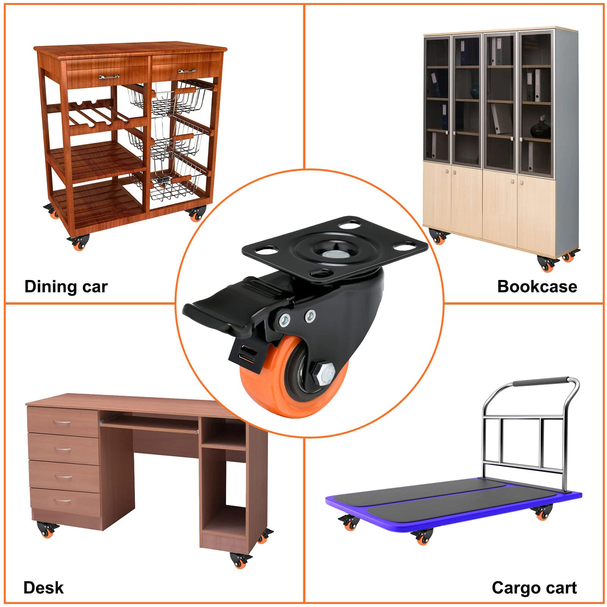 2" Caster Wheels Load 600 Lbs, Orange Polyurethane Castors, Top Plate Swivel Wheels, Casters Set of 4, Locking Casters for Furniture and Workbench, Heavy Duty Casters, 4 Pack Casters with Brake Mofeetools