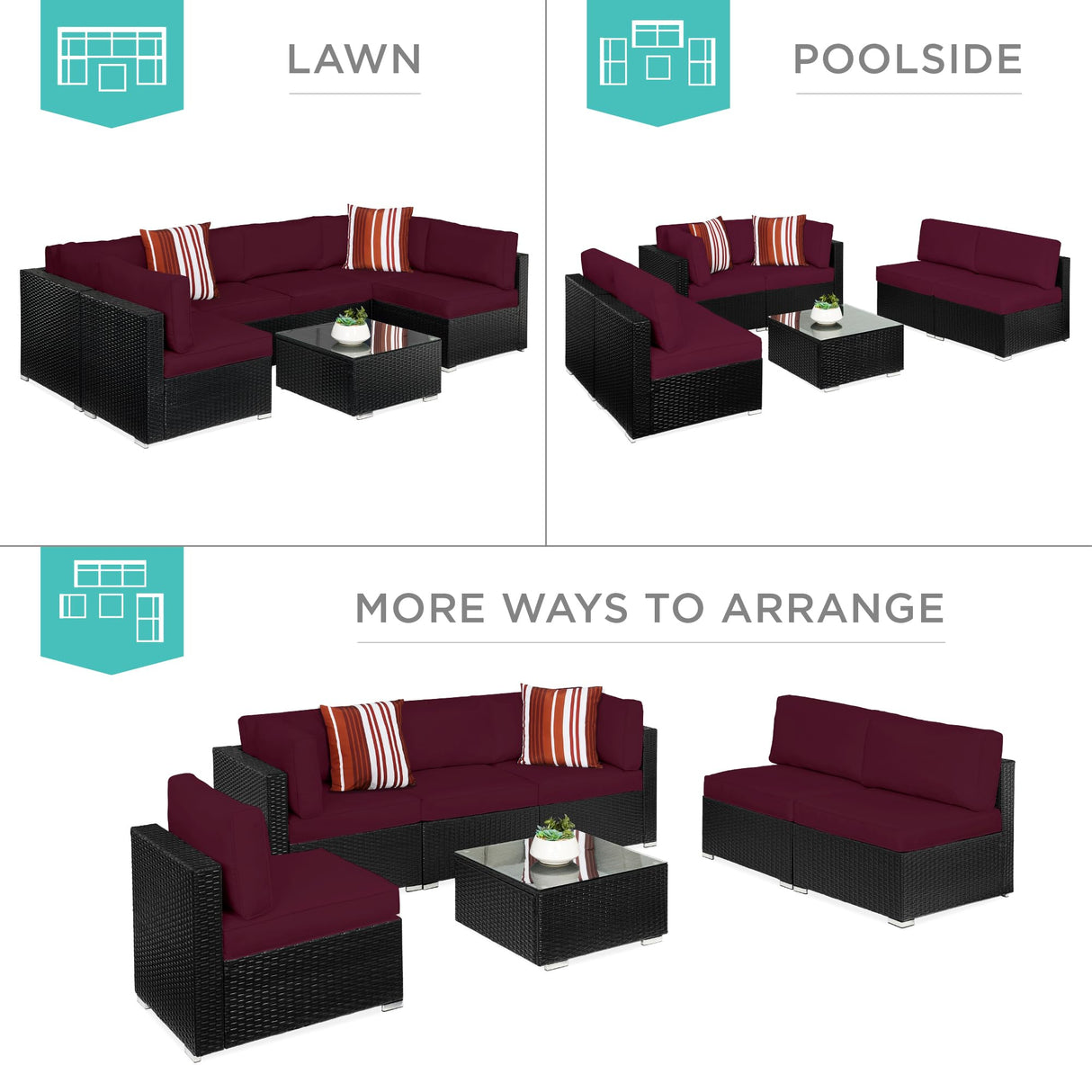 Best Choice Products 7-Piece Modular Outdoor Sectional Wicker Patio Conversation Set w/ 2 Pillows, Coffee Table, Cover Included - Black/Deep Burgundy Best Choice Products