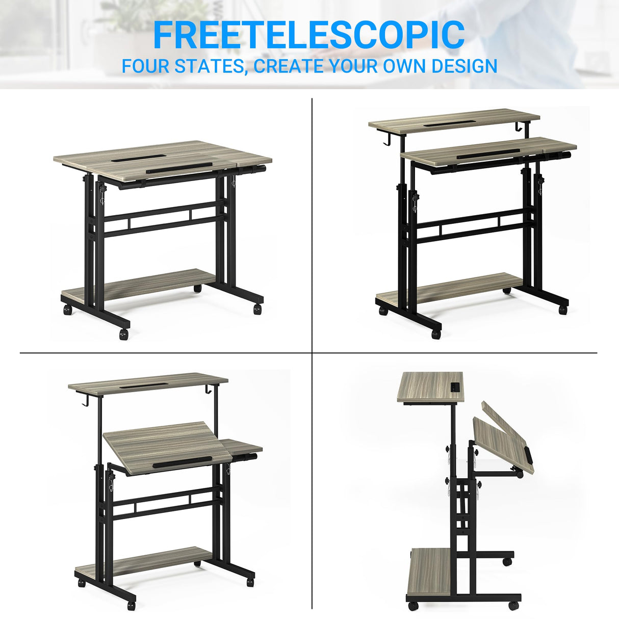 Mobile Standing Desk, Adjustable Rolling Computer Desk with 3 Desktops, Portable Laptop Table with Cup Holder, Home Office Laptop Workstation on Lockable Wheels, Grey Oak Panta