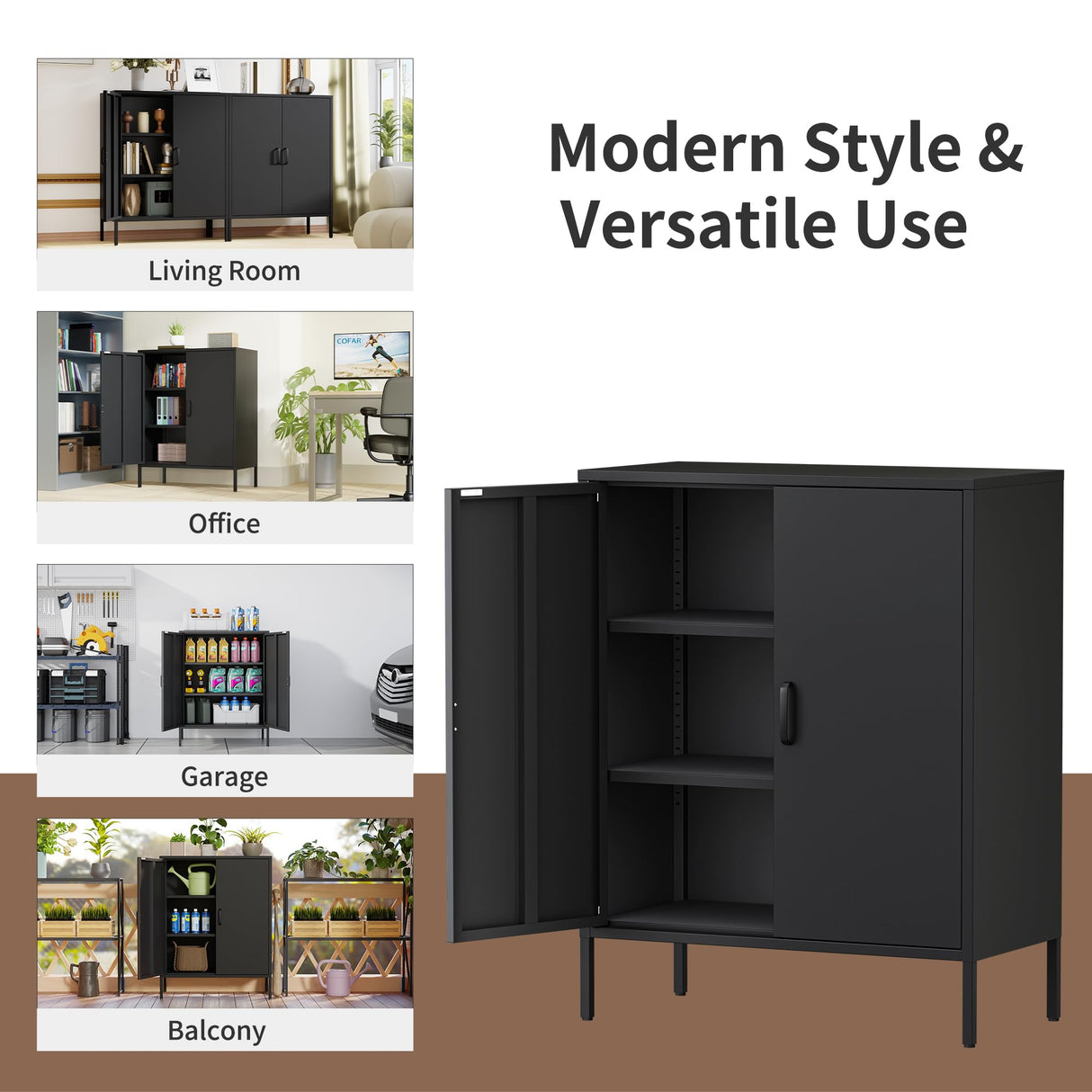 Washsemba Metal Storage Cabinet with Doors and Shelves,Multipurpose Storage Rack, 3-Tier Shelf,Metal Locker Style Accent Cabinet for Home Office,Living Room,Kitchen (Black, 40''H) Washsemba