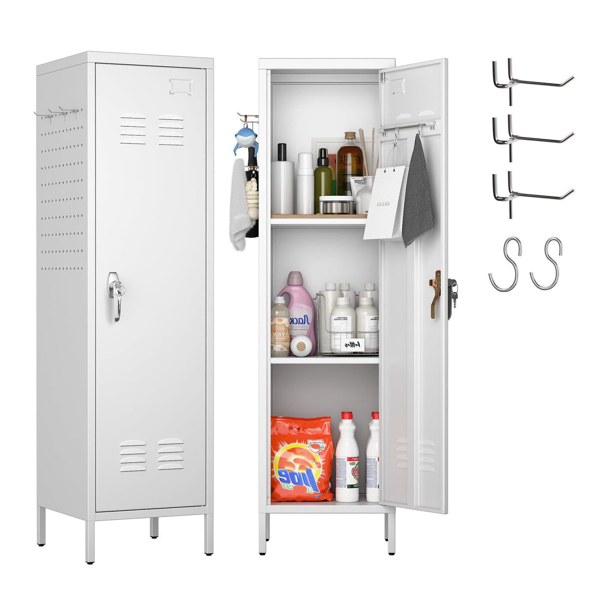 SUPEER Metal Lockers for Employees with Handle,Metal Storage Locker with 2 Pegboard & 5 Hooks for Gym, School, Office,Home,Garage,White SUPEER