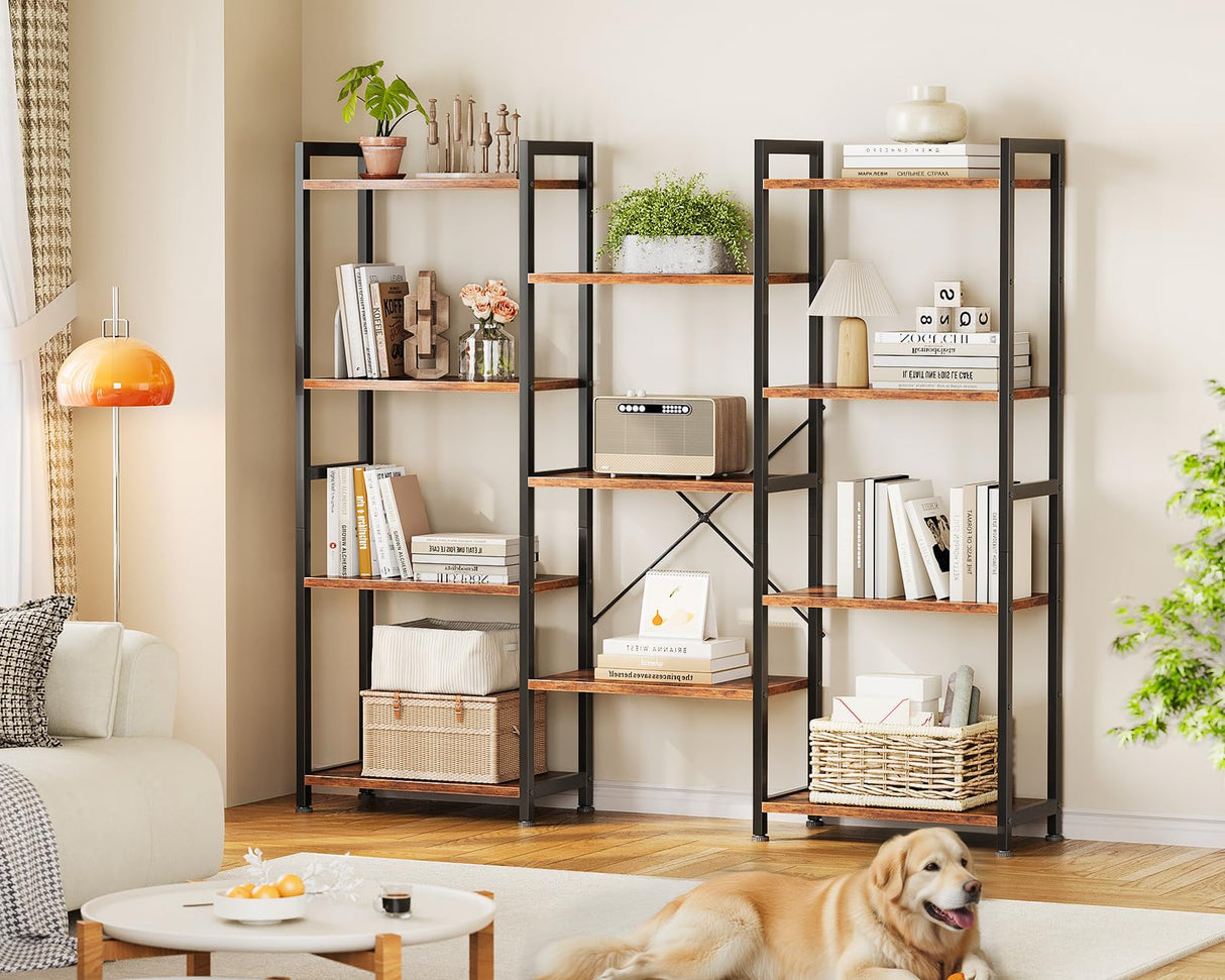 Casaottima Triple 4 Tier Bookshelf, Large Bookcase with 11 Open Display Shelves, Modern Industrial Book Shelves Book Case for Bedroom, Wide Standing Shelving Unit for Living Room Home Office, Vintage Casaottima