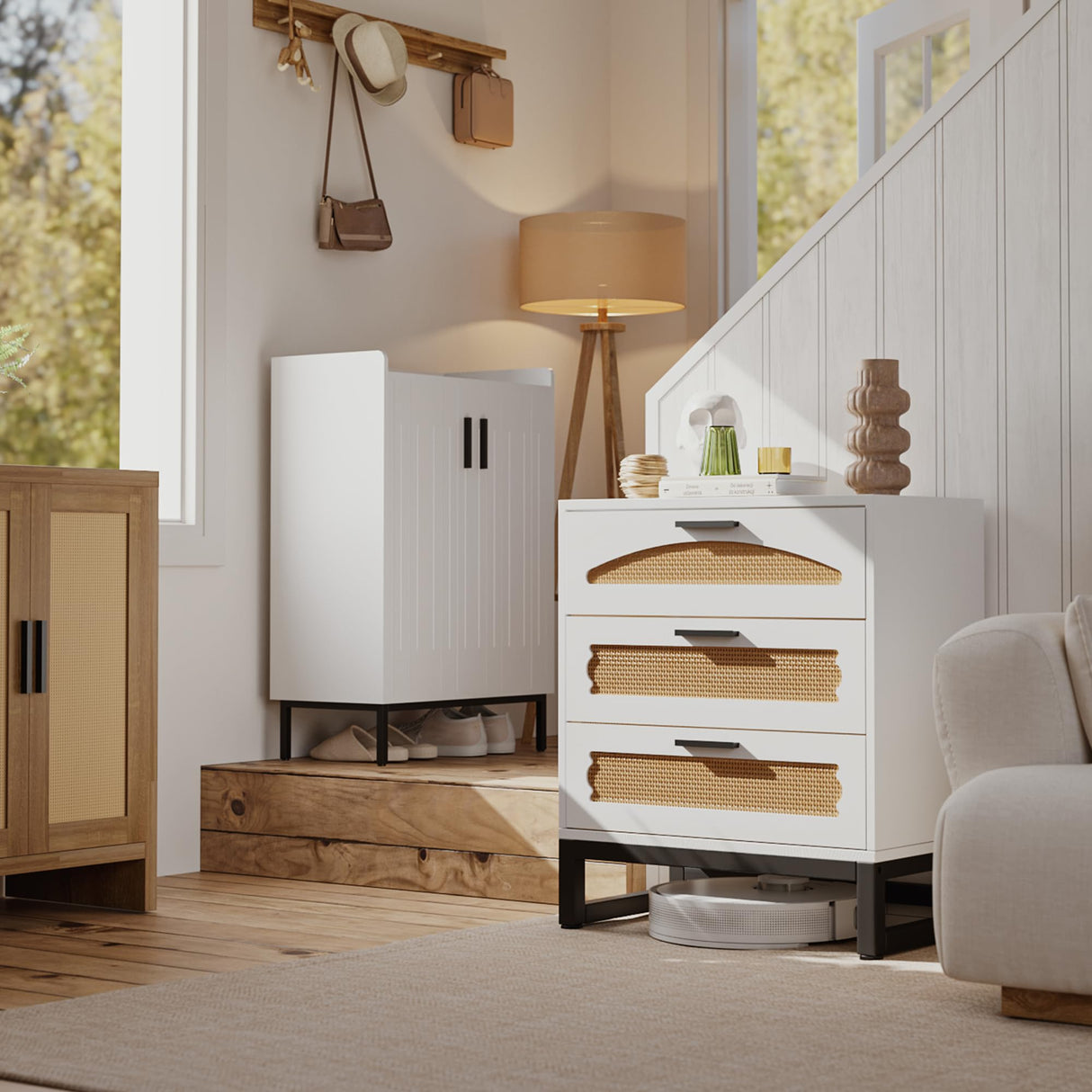 Mericonia 3 Drawer Rattan Dresser for Bedroom, Wood Dresser for Closet with Metal Handles, Small Boho Nightstand Sets, Dressers & Chests of Drawers for Bedroom, Hallway and Entryway, White Mericonia