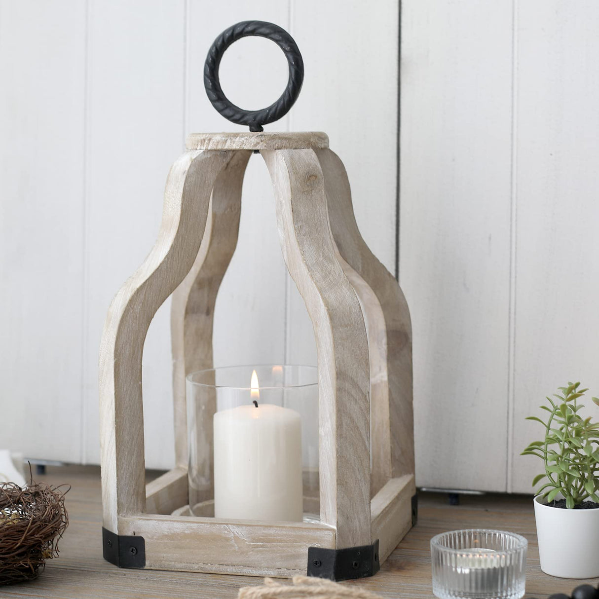 SWALLOWLIVING 13" Rustic Farmhouse Wood Candle Hurricane Lantern with Glass Candlestick Holder for Patio, Table Centerpiece, White Washed SwallowLiving