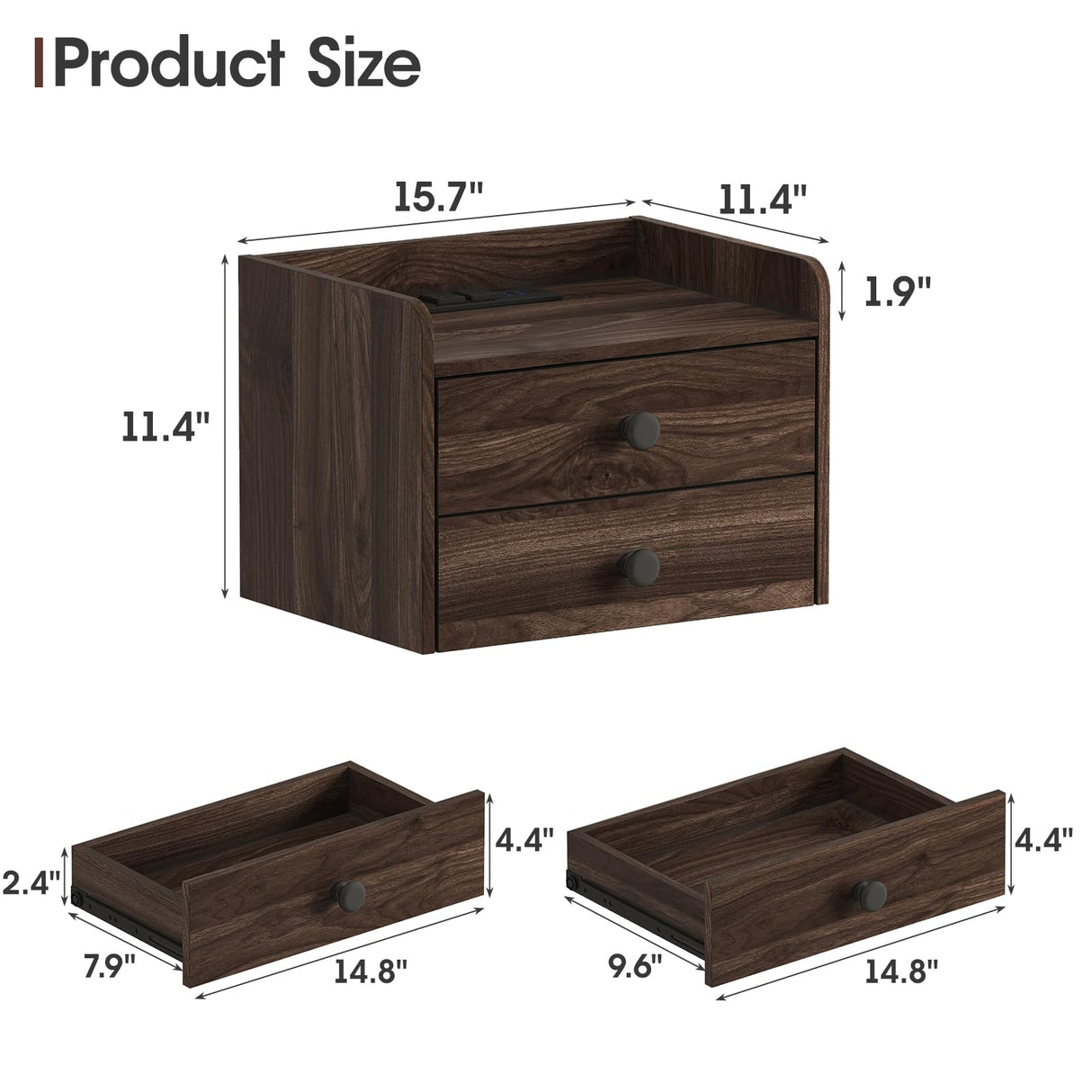 Floating Nightstand Set of 2 with 2 Storage Drawers and Charging Station Wood Wall Mounted Bedside End Table Modern Night Stands Set 2 for Bedroom,Small Space,Brown Walnut Vabches