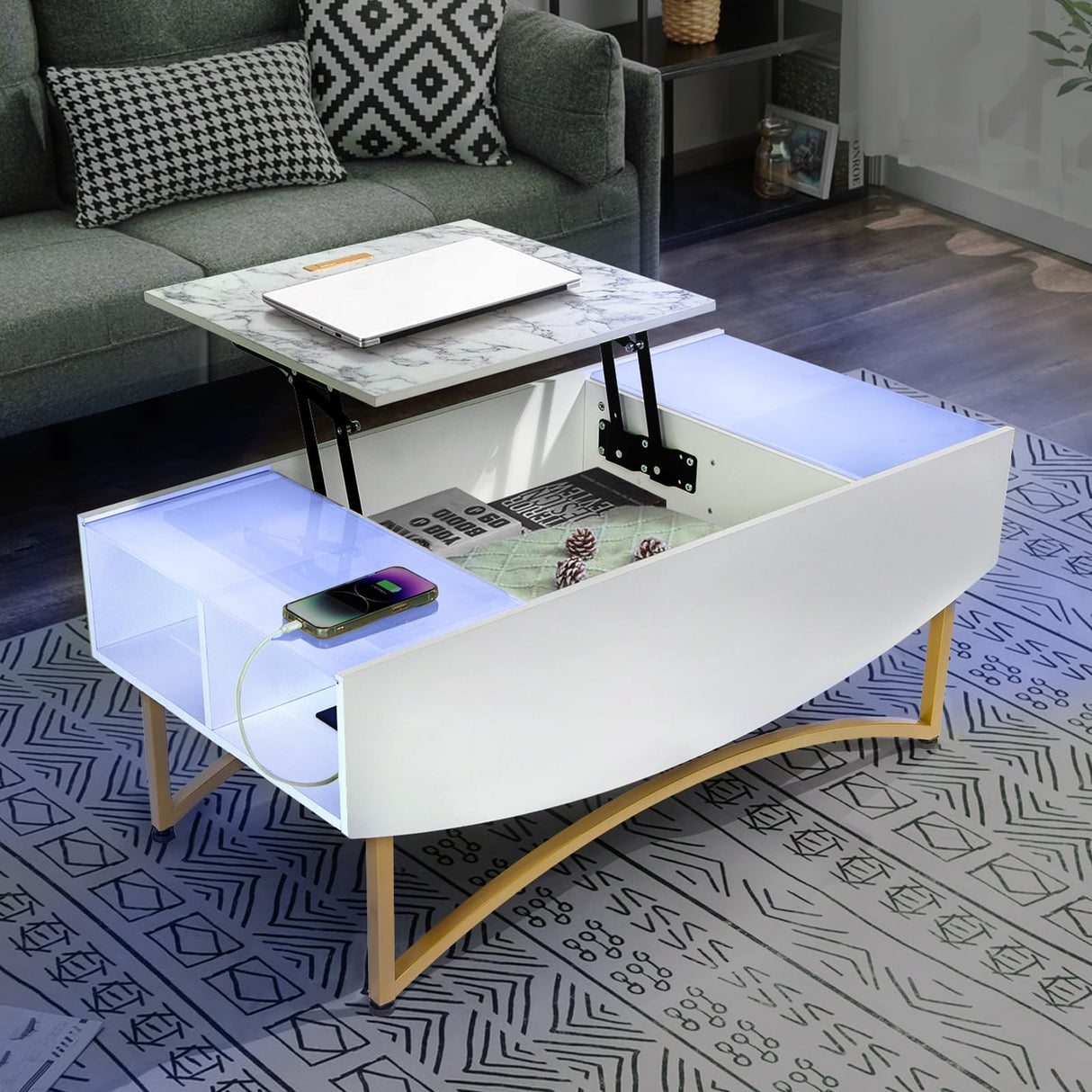 White and Gold Lift Top Coffee Table with Charging Station and LED Lights - 40" Lร20" Wร17" H Large Rectangle Marble Coffee Table Lift Top for Living Room, Glass & Marble-Pattern Tabletop, Metal Leg Caredear