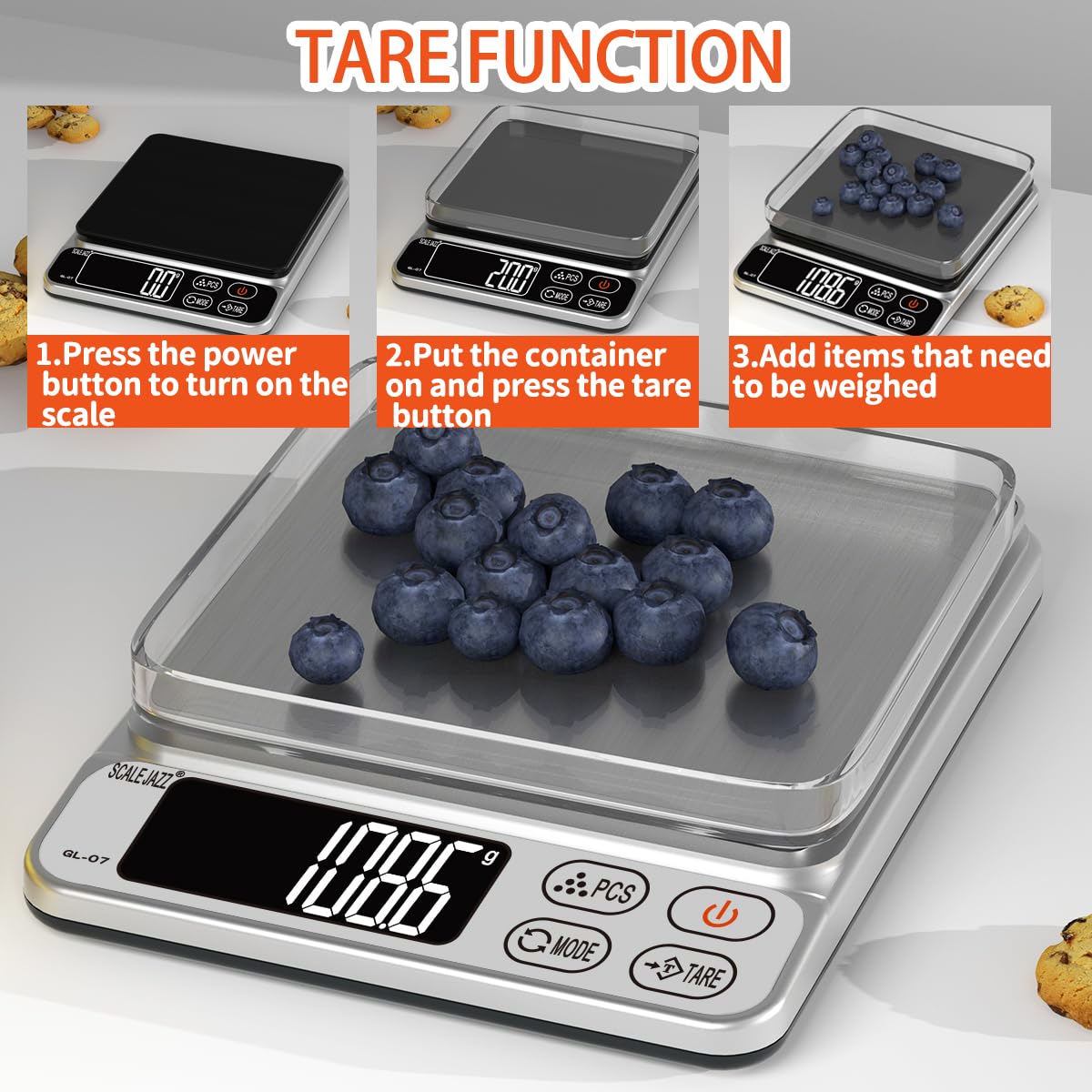 Mini Scale,6.6lb Scale for Grams,Digital Scale Food,Cooking Scale and Food Scales for Kitchen,Food Scale Grams and Ounces,Grams Scale,7Units,Auto Off,Tare,PCS,LCD Display SCALE JAZZ