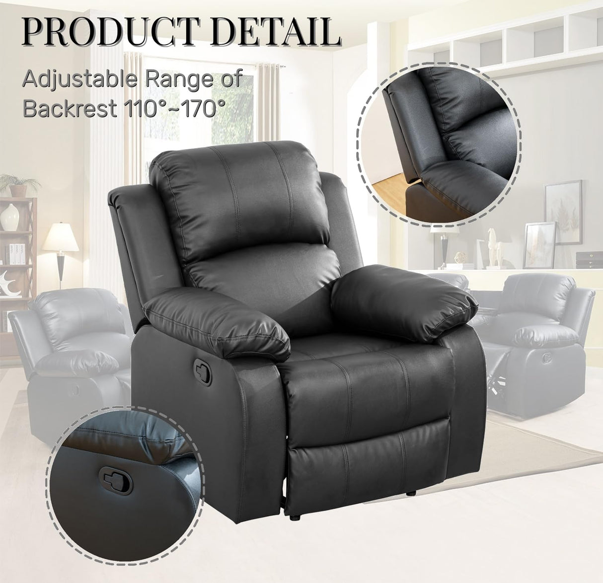 Caberryne Leather Recliner Chair for Living Room Furniture Set, Black Leather Reclining Chair for Small Space/RV, Wall Hugger Recliner/Home Theater Chairs for House/Office Caberryne