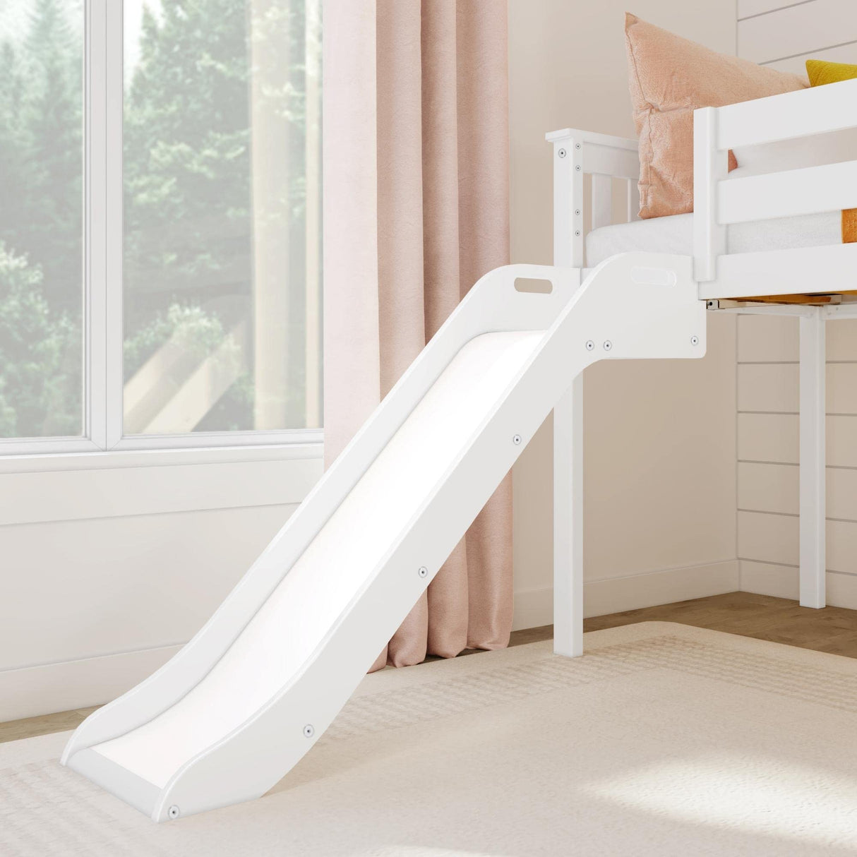 Max & Lily Twin Size Low Loft Bed with Slide and Ladder, Classic Solid Wood Kids Bedroom Furniture, 400 lbs Weight Capacity, 14" Safety Guardrail, Anti-Slip Steps, White Max & Lily