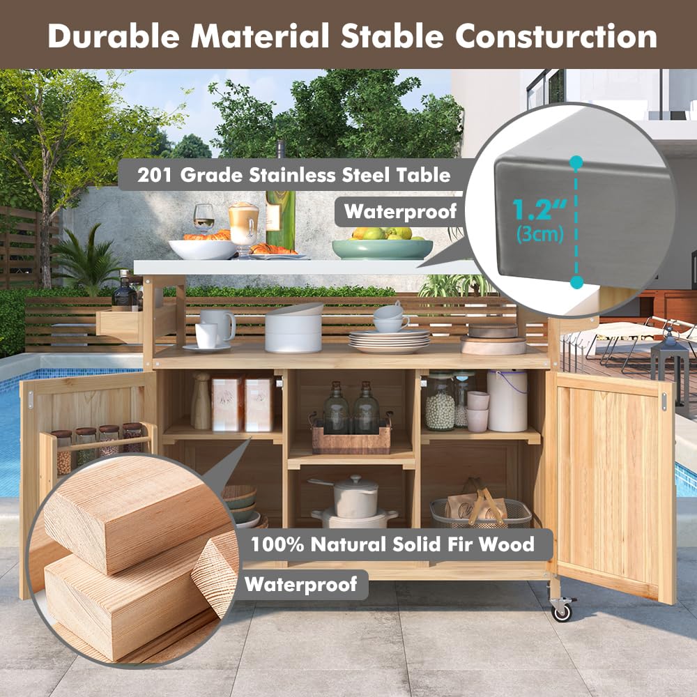 Bennbari Outdoor Kitchen Island, Rolling Kitchen Island with Storage, Farmhouse Solid Wood Kitchen Cart on Wheels, Outdoor Grill Table with Stainless Steel Top, 50 Inch Width (Natural) Bennbari