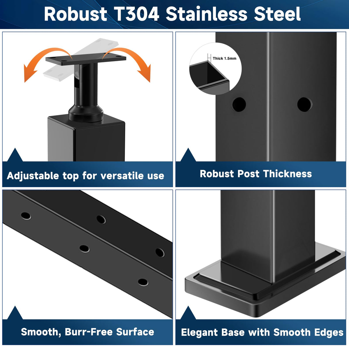 Gyykzz 42" Corner Post Cable Railing, 90° L-Drilled Black Corner Post with Cable Grommet, T304 Stainless Steel Cable Handrail Angle Post, Adjustable Top Metal Corner Post for Deck Railing System Gyykzz