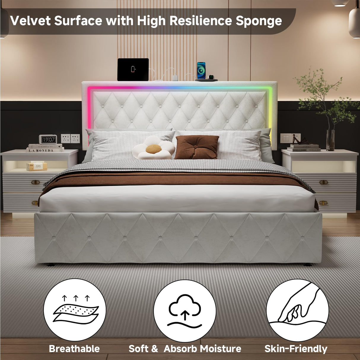 LED Queen Bed Frame with 4 Storage Drawers and Adjustable Headboard, Modern Velvet Upholstered Platform Bed Frame Queen Size with Charging Station, Wooden Slats Support, No Box Spring Needed, White QFP